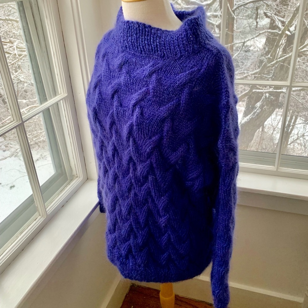 Stunning HANDKNIT heavy cabled wool funnel neck
